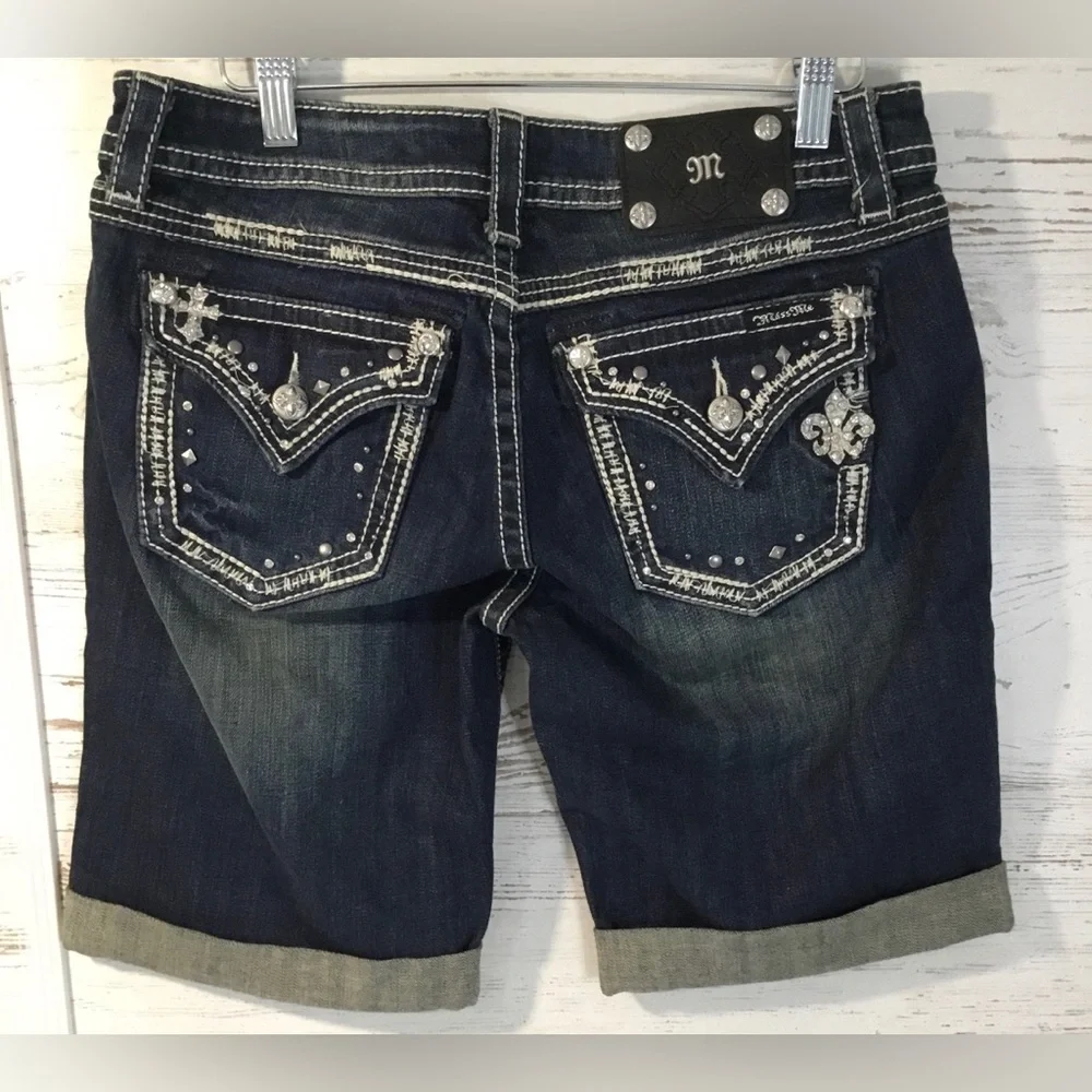 Buckle /Miss Me Women's Dark Indigo Rhinestone Embellished Bermudas